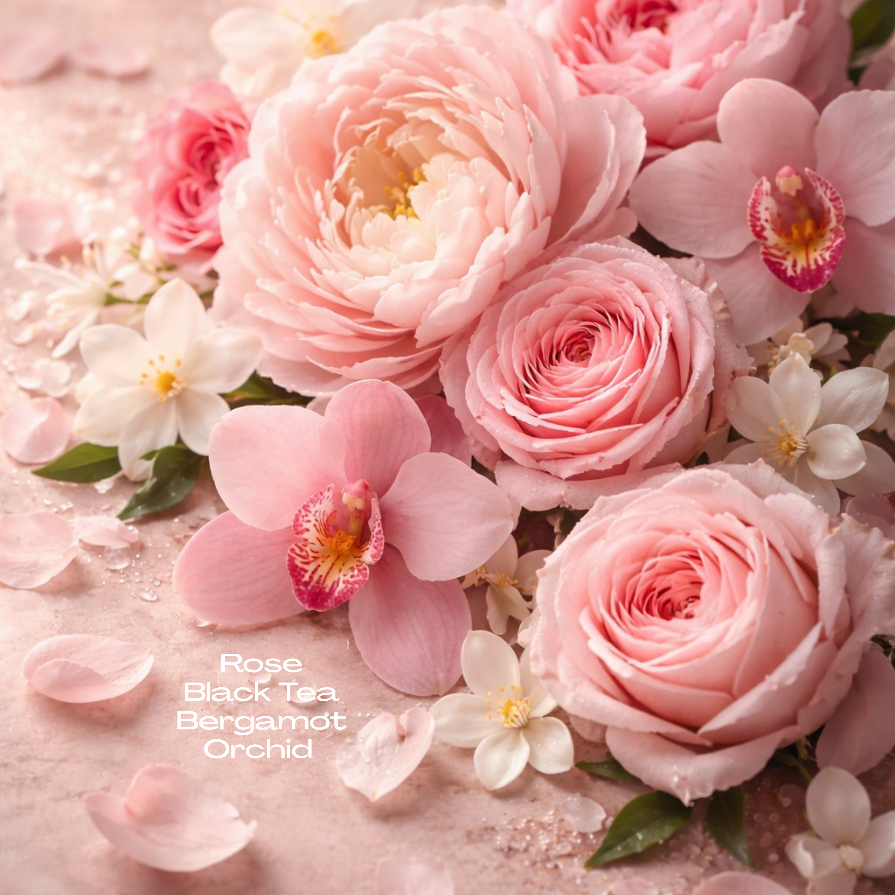 An array of flowers, mostly pink