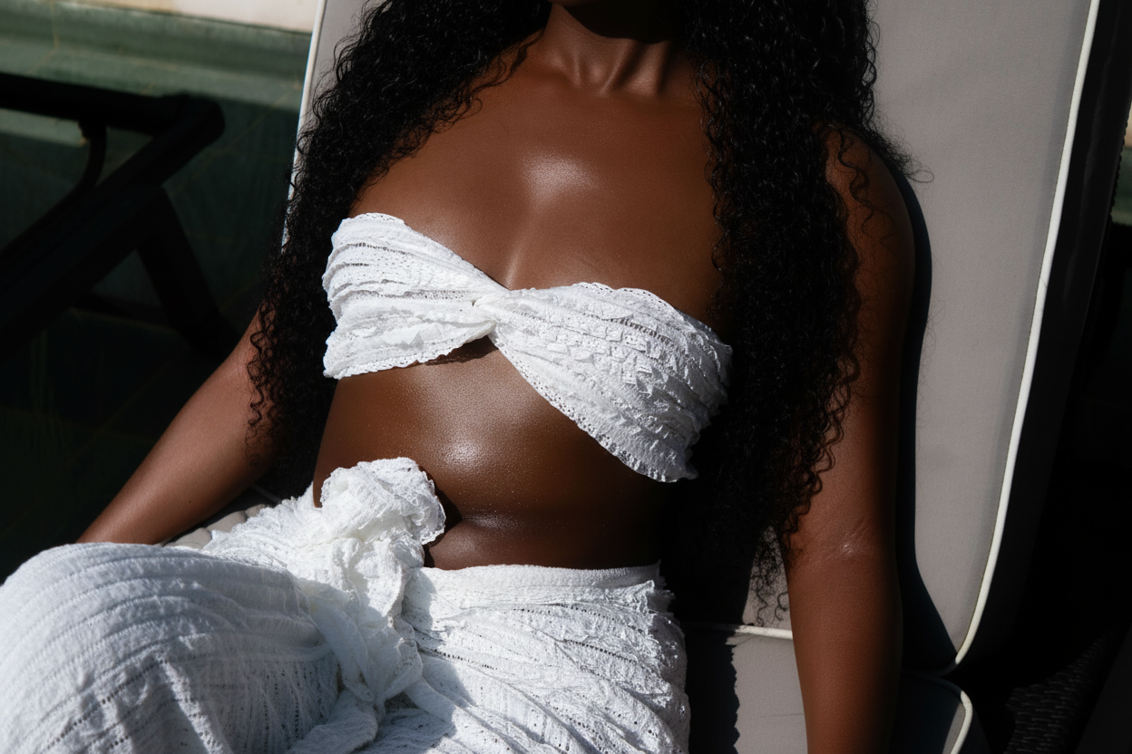 woman laying in the sun with glowing skin