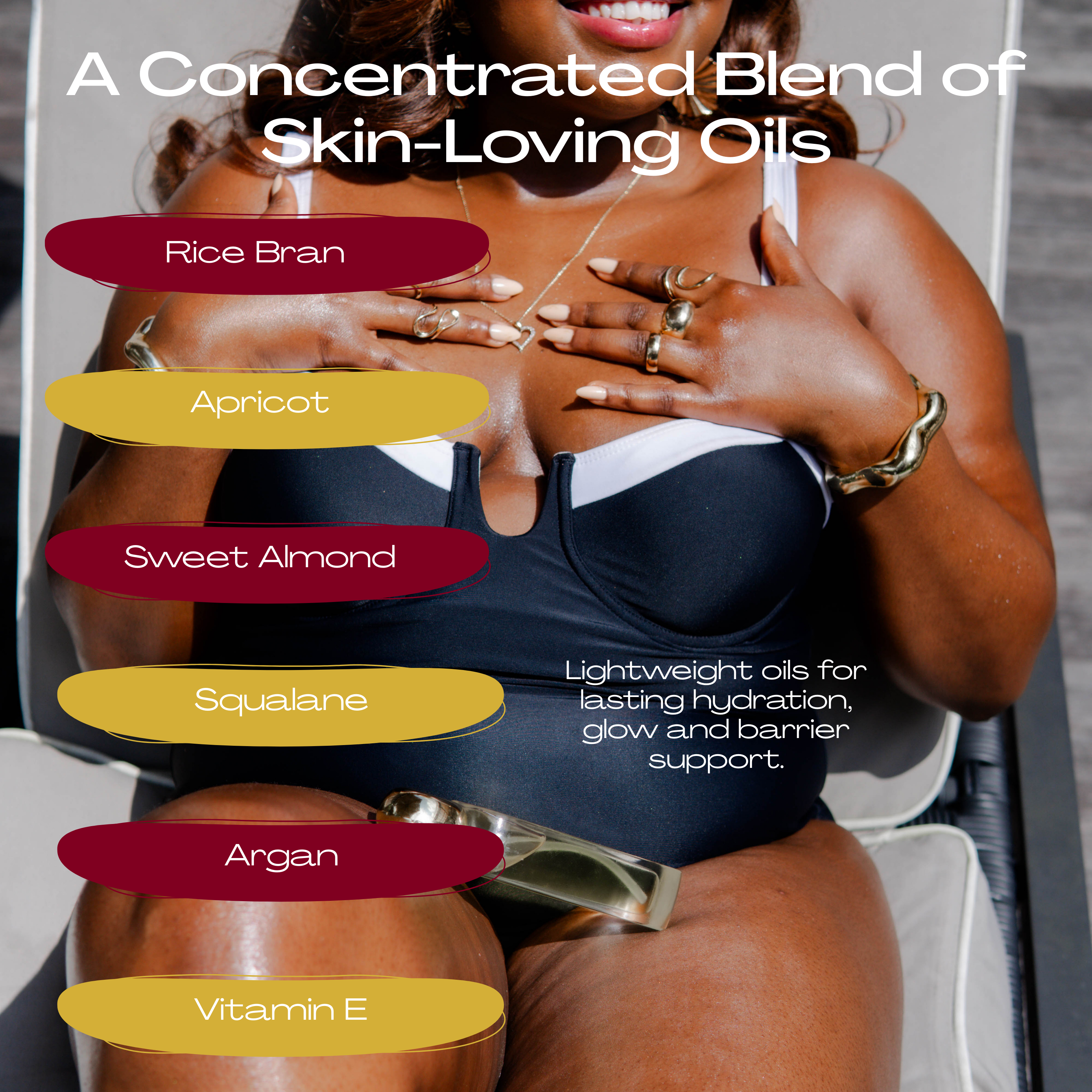 Woman in a black swimsuit with text overlay about skin-loving oils