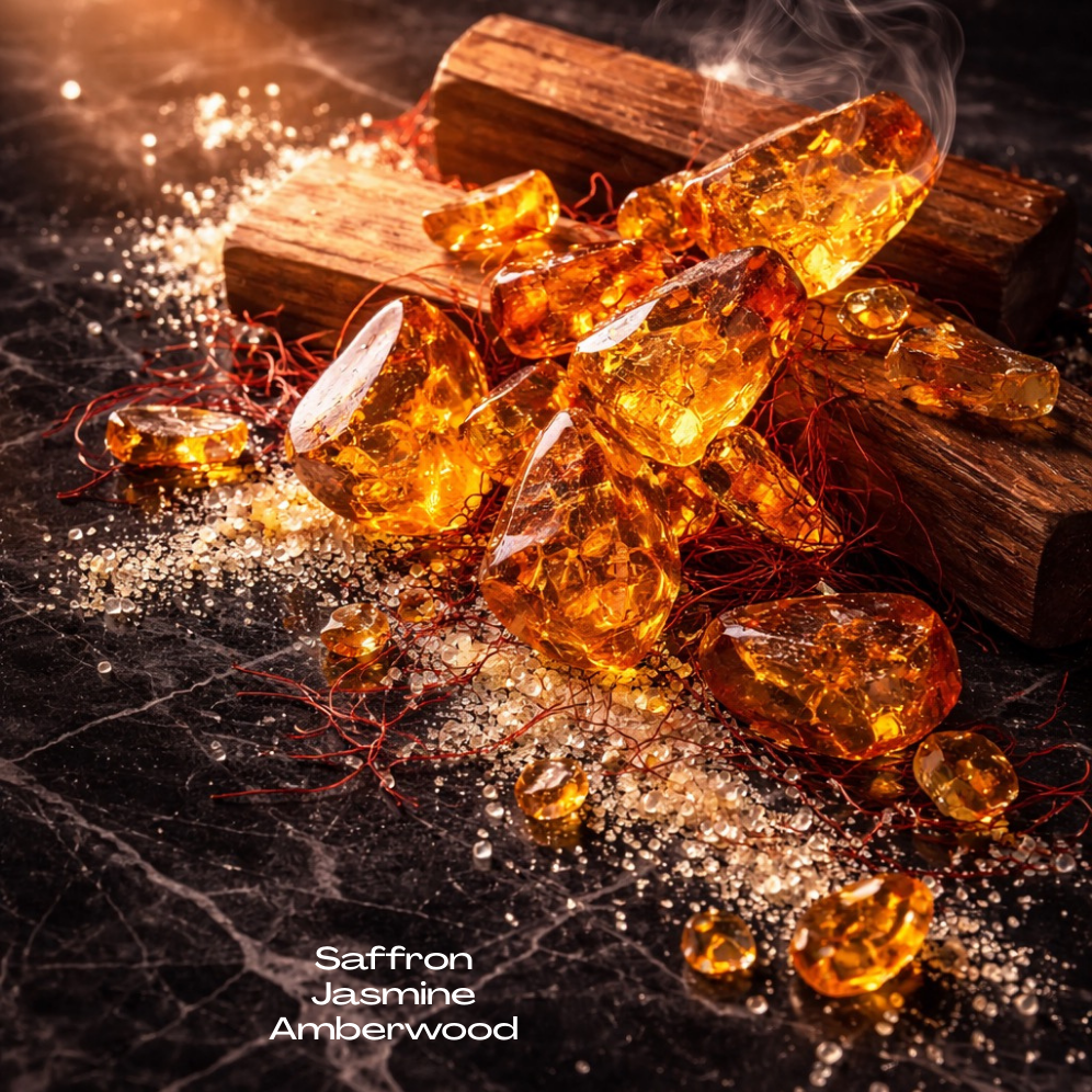 Amber-colored crystals on wooden sticks with 'Saffron Jasmine Amberwood' text.