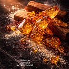 Amber-colored crystals on wooden sticks with 'Saffron Jasmine Amberwood' text.