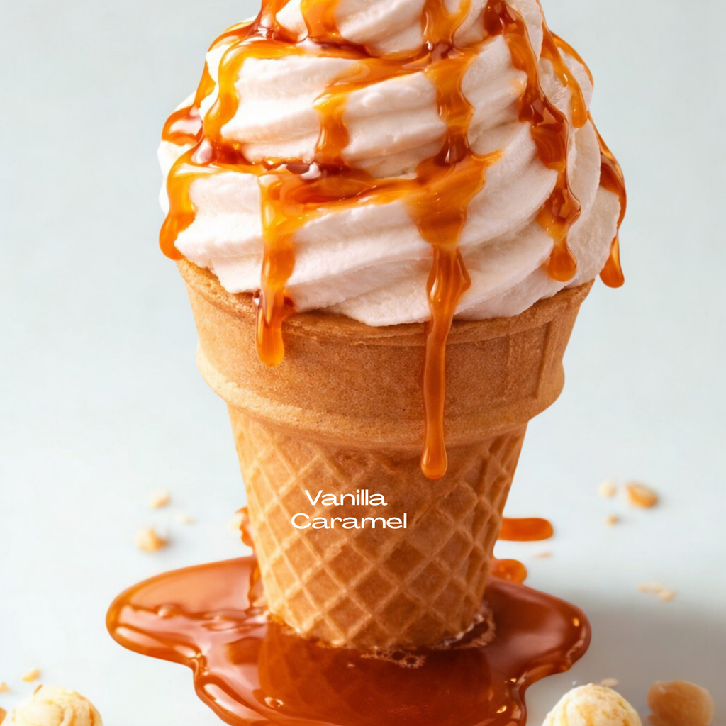 Soft serve vanilla ice cream with caramel drizzle
